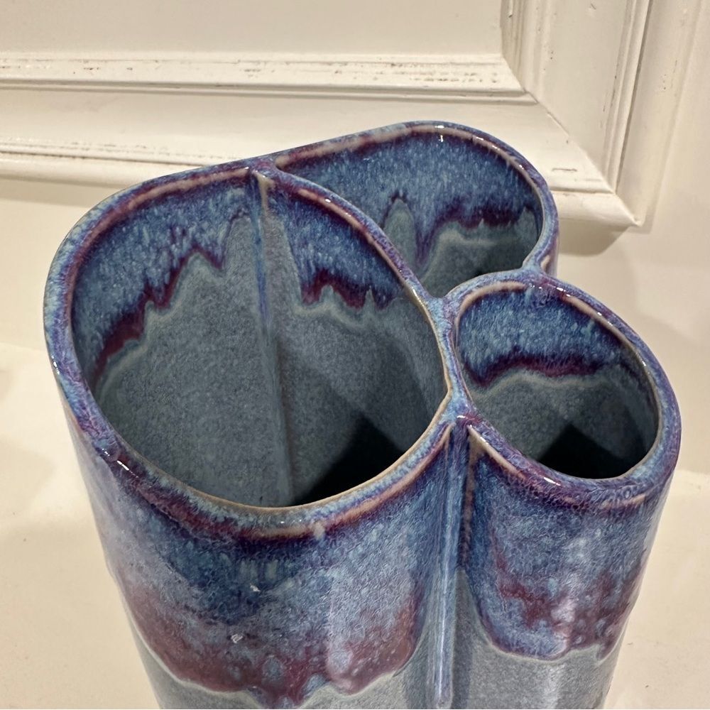 Bay Pottery Blue Purple Ceramic Drip Glaze Art Pottery Stoneware Triple Bud Vase - Picture 6 of 8